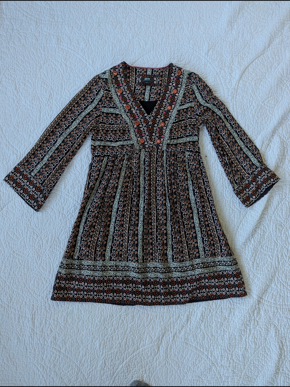 Maeve Black Floral Boho V-Neck Dress with Rust and Sage Accents
